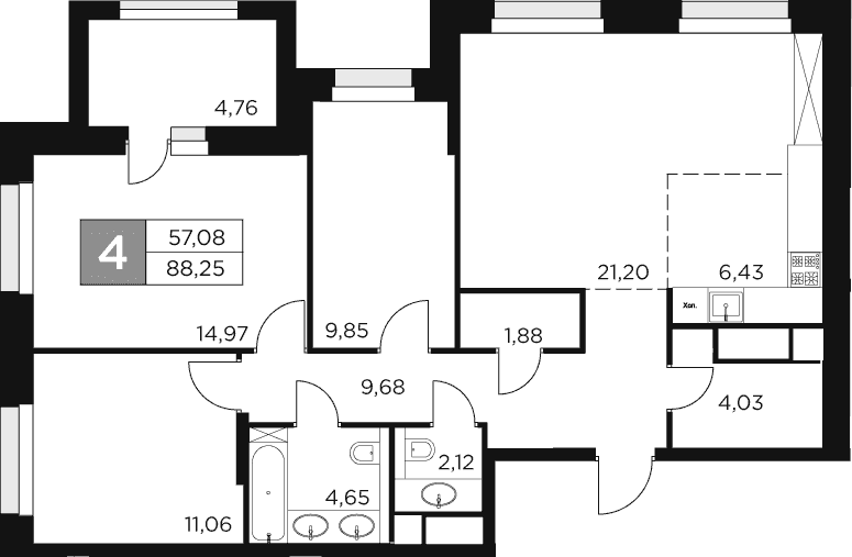 Планировка: Квартира евро-4 85,9 м² в ЖК «Восток 2»