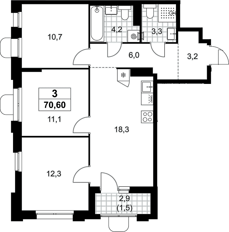 Планировка: Квартира евро-4 69,1 м² в ЖК «Прокшино»