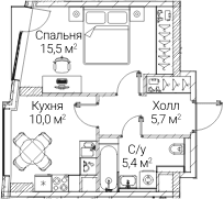 Планировка: 1-комнатная квартира 36,2 м² в ЖК «СЕЗАР БУДУЩЕЕ»