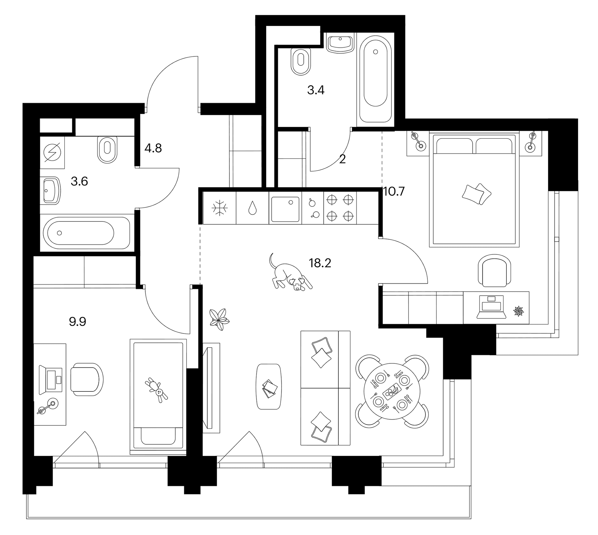 Планировка: 2-комнатная квартира 53,9 м² в ЖК «Строгино 360»