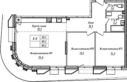 Планировка: Евротрёшка 80,2 м² в ЖК «УНО.Соколиная гора»