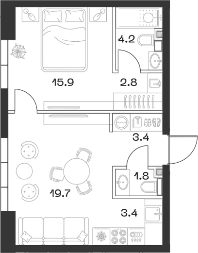 Планировка: Евродвушка 51,9 м² в ЖК «SHIFT»