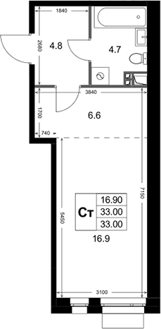 Планировка: Студия 33 м² в ЖК «Кореневский Форт 2.3»