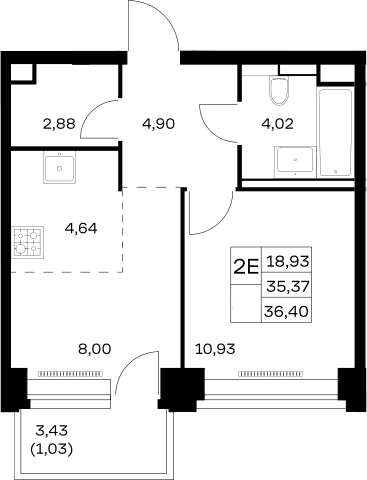 Планировка: Евродвушка 35,4 м² в ЖК «НОВА»