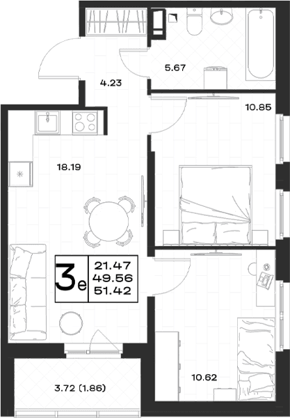 Планировка: Евротрёшка 49,6 м² в ЖК «Имена»