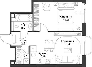 Планировка: Евродвушка 40,7 м² в ЖК «АЛИА»