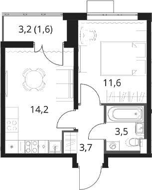 Планировка: 1-комнатная квартира 33 м² в ЖК «1-й Шереметьевский»