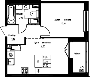 Планировка: Евродвушка 33,4 м² в ЖК «Кронунг-Янино»