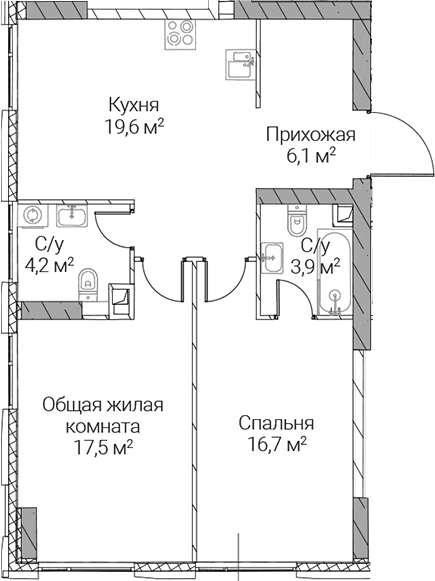 Планировка: 2-комнатная квартира 68 м² в ЖК «СЕЗАР СИЛИКА»