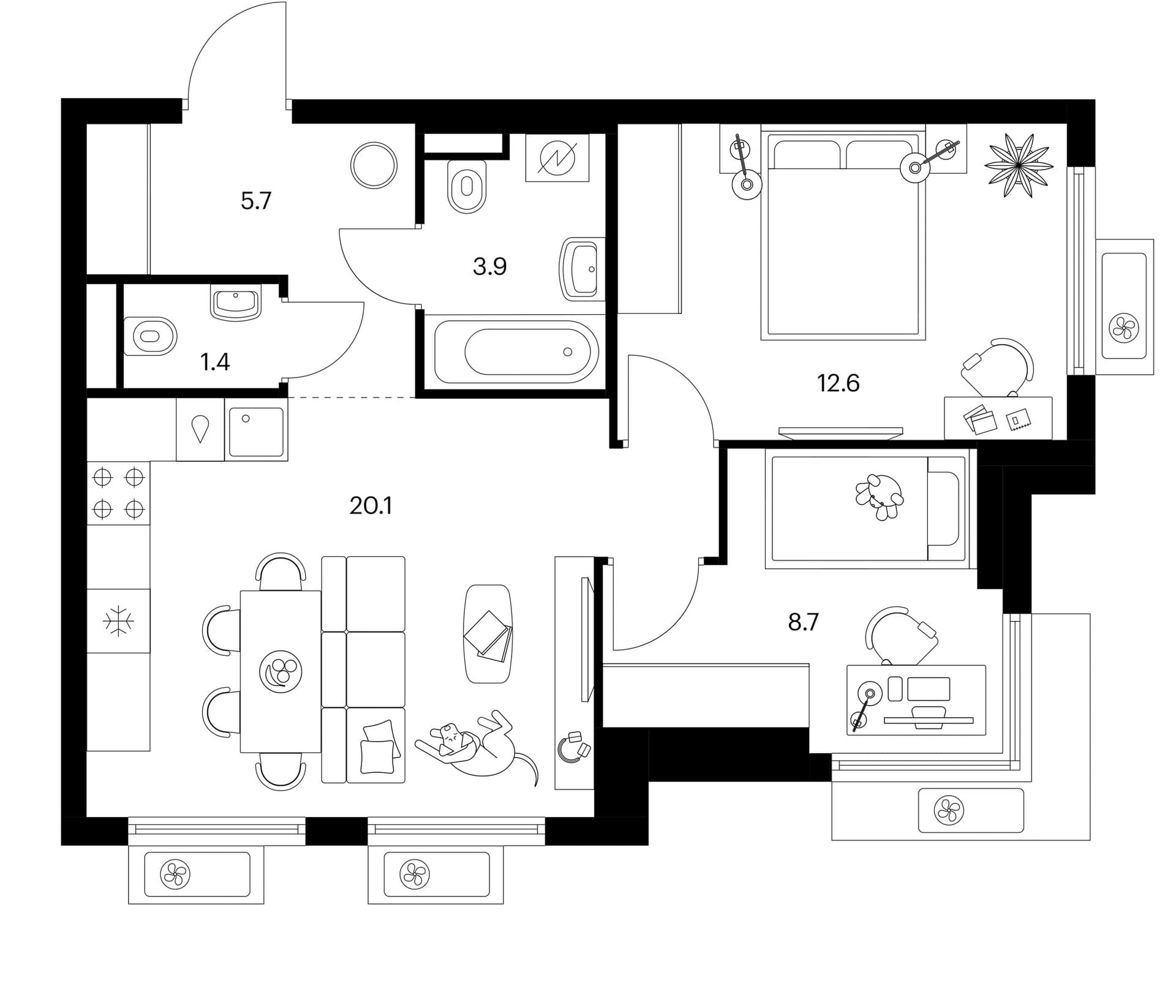 Планировка: 2-комнатная квартира 52,4 м² в ЖК «Белая Дача парк»
