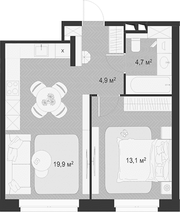 Планировка: Евродвушка 42,6 м² в ЖК «Гранд Комфорт 3»