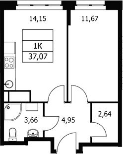 Планировка: 1-комнатная квартира 37,1 м² в ЖК «Волковская 67»