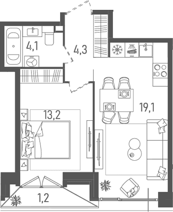 Планировка: Евродвушка 40,7 м² в ЖК «ТАТУМ»