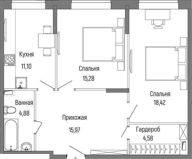 Планировка: 2-комнатная квартира 70,2 м² в ЖК «Рига Хиллс»