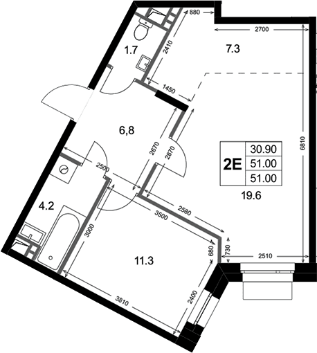 Планировка: Евродвушка 51 м² в ЖК «Кореневский Форт 2.3»