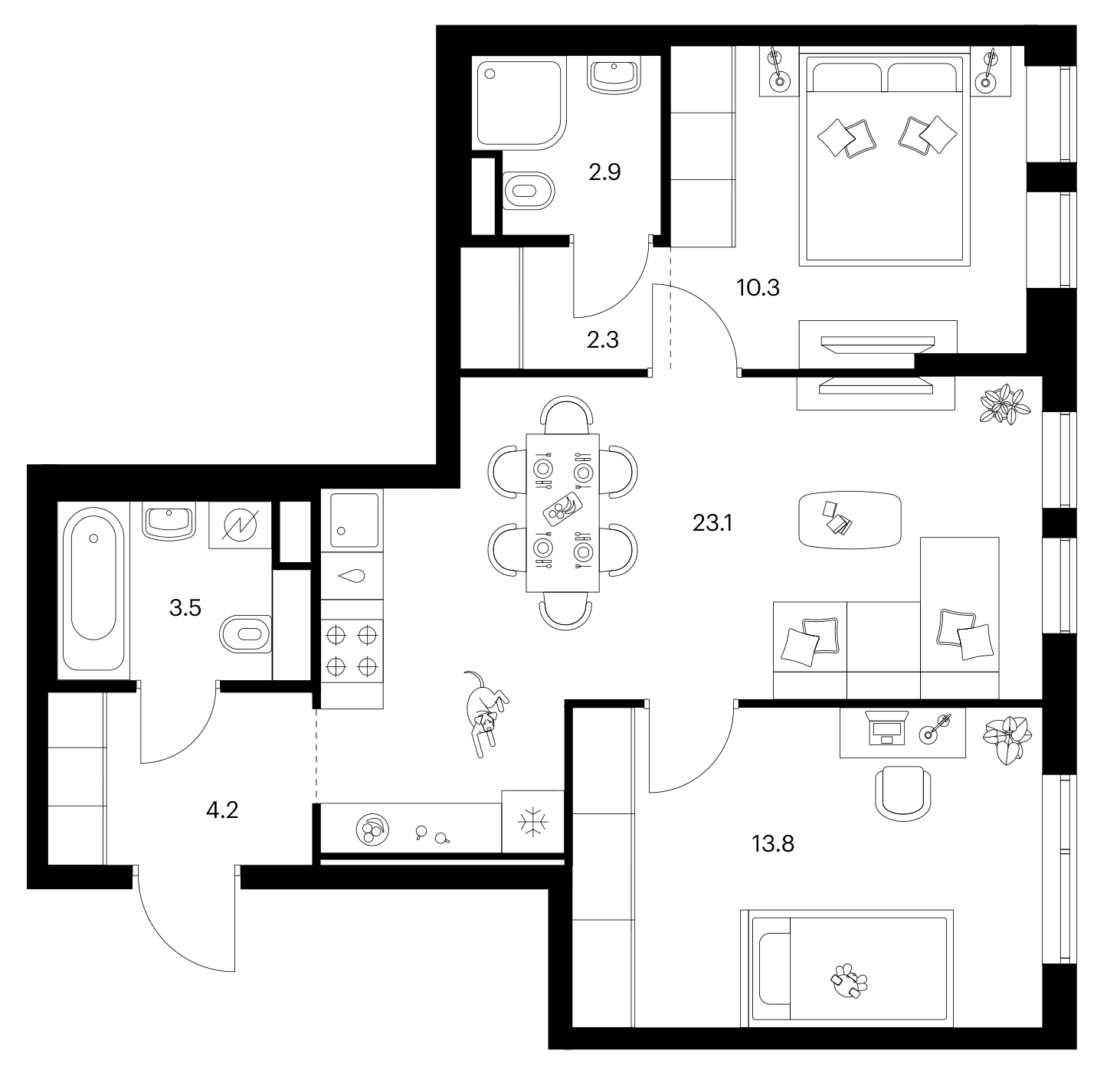 Планировка: 2-комнатная квартира 60,1 м² в ЖК «Бунинская набережная»
