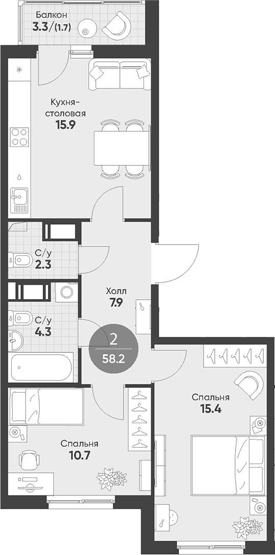 Планировка: Евротрёшка 56,5 м² в ЖК «Клюква.Парк»