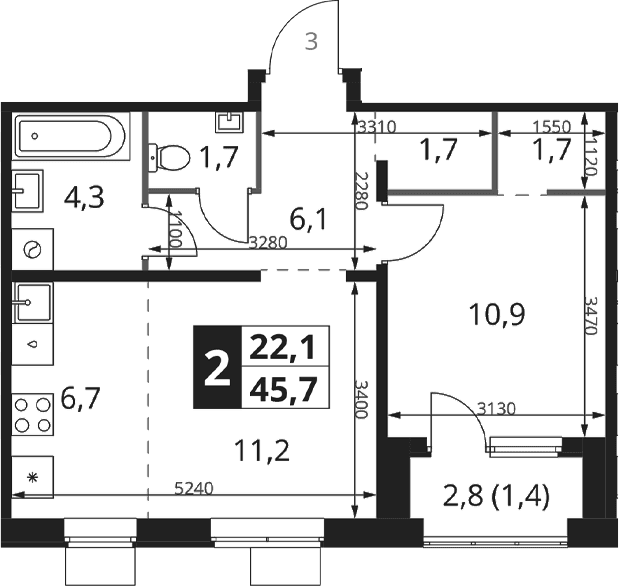 Планировка: Евродвушка 44,3 м² в ЖК «1-й Ясеневский»