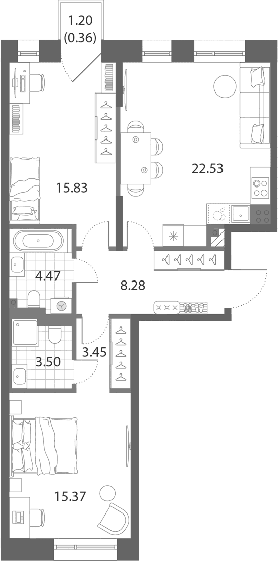 Планировка: Евротрёшка 73,4 м² в ЖК «Нева Арт»