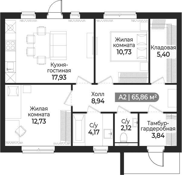 Планировка: Таунхаус 68,5 м² в ЖК «Коттеджный поселок СветЛО»