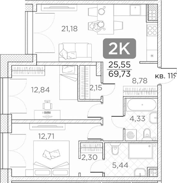 Планировка: Евротрёшка 69,7 м² в ЖК «Гильдия»