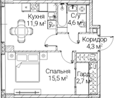 Планировка: 1-комнатная квартира 39 м² в ЖК «СЕЗАР БУДУЩЕЕ»