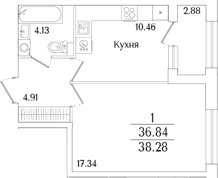 Планировка: 1-комнатная квартира 36,8 м² в ЖК «Аурум»