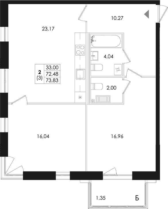 Планировка: Евротрёшка 72,5 м² в ЖК «Лисино»