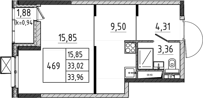 Планировка: Студия 33 м² в ЖК «Поварово-Молодежный-2»