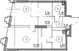 Планировка: Евродвушка 44,5 м² в ЖК «Сикрет Гарден»