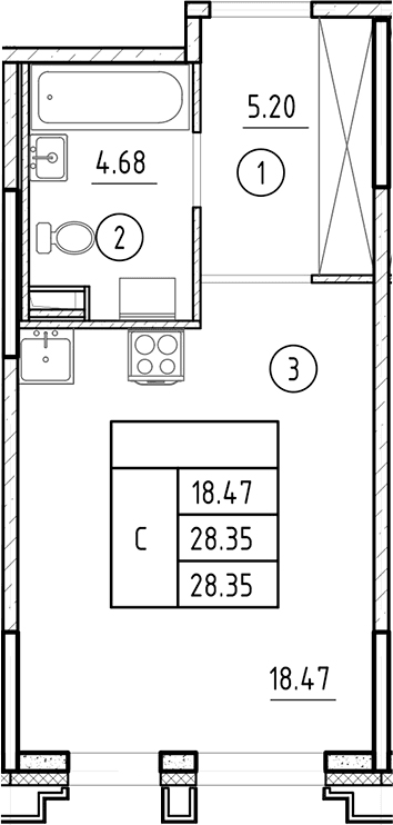 Планировка: Студия 28,4 м² в ЖК «Ассамблея»