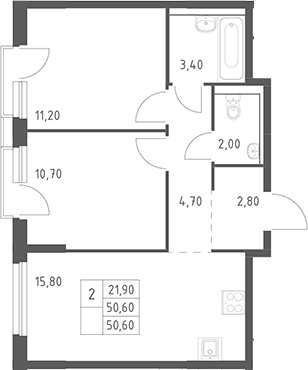 Планировка: Евротрёшка 50,6 м² в ЖК «Химки Парк»