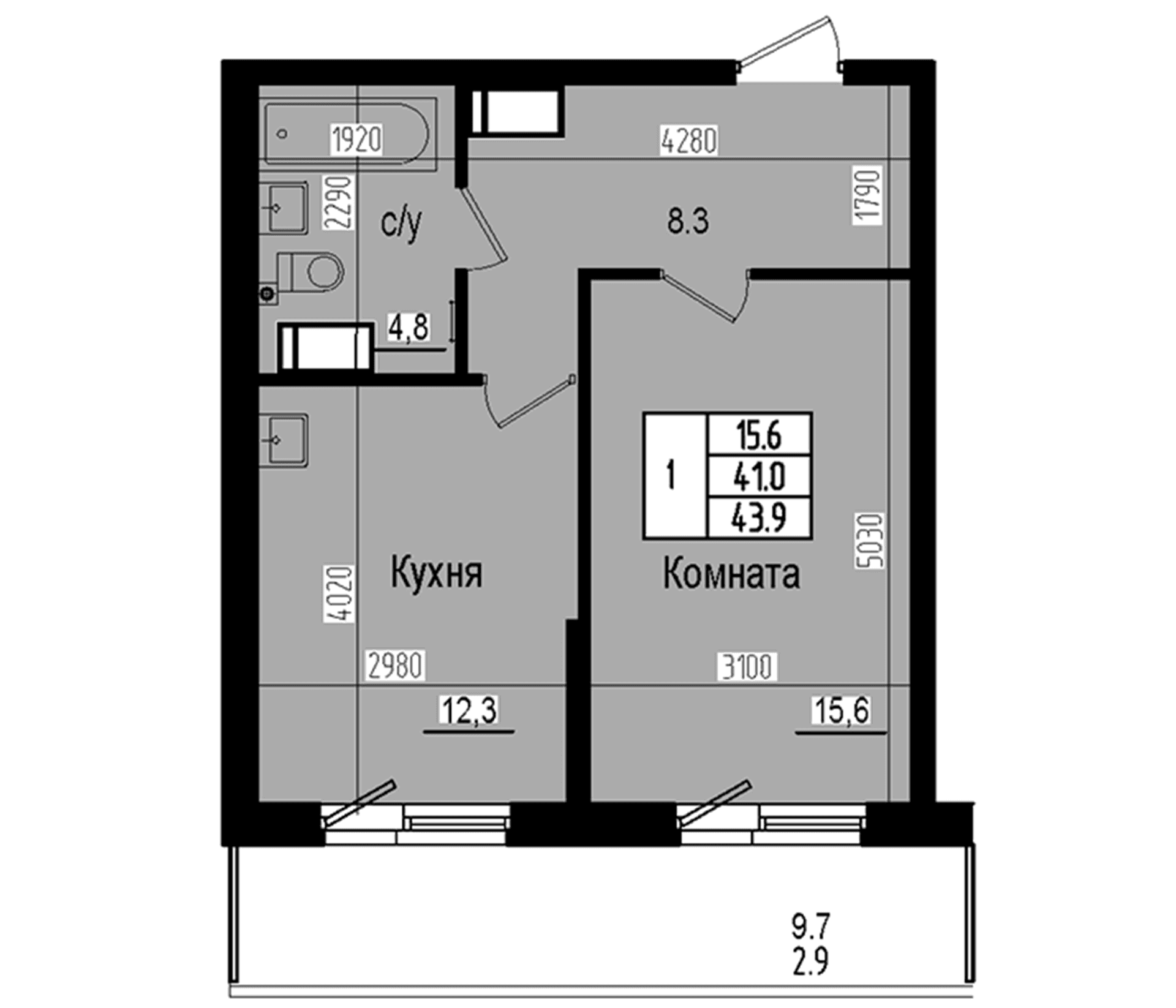Планировка: 1-комнатная квартира 41 м² в ЖК «Прагма Сити»
