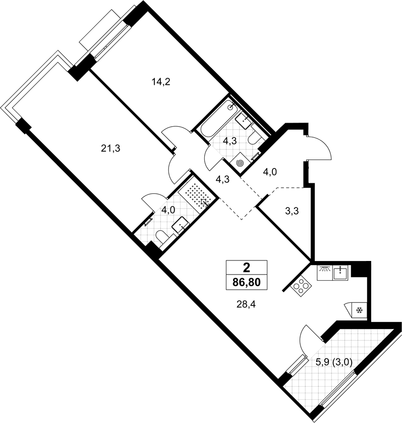 Планировка: Евротрёшка 83,8 м² в ЖК «Хольм»