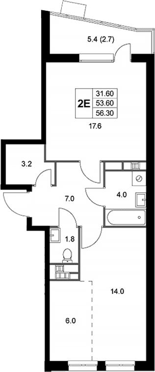 Планировка: Евродвушка 53,6 м² в ЖК «Легенда Коренево»