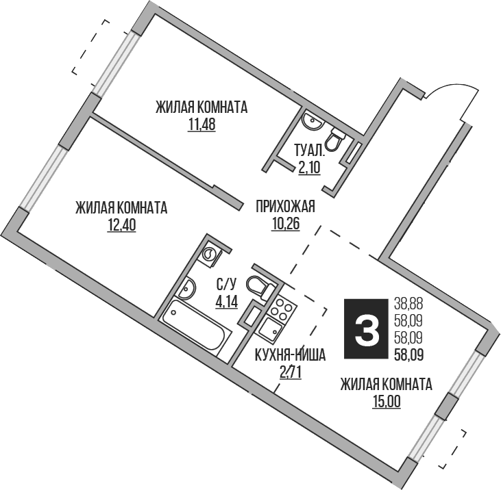 Планировка: Евротрёшка 58,1 м² в ЖК «Гранель Аникеевский»