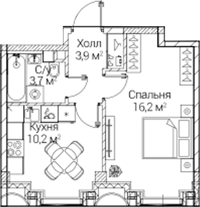 Планировка: 1-комнатная квартира 34 м² в ЖК «СЕЗАР БУДУЩЕЕ»