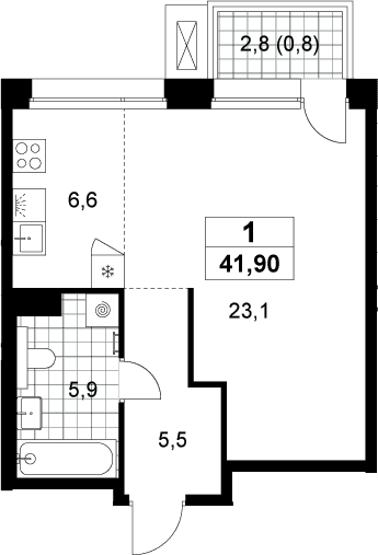 Планировка: Студия 41,1 м² в ЖК «Хольм»