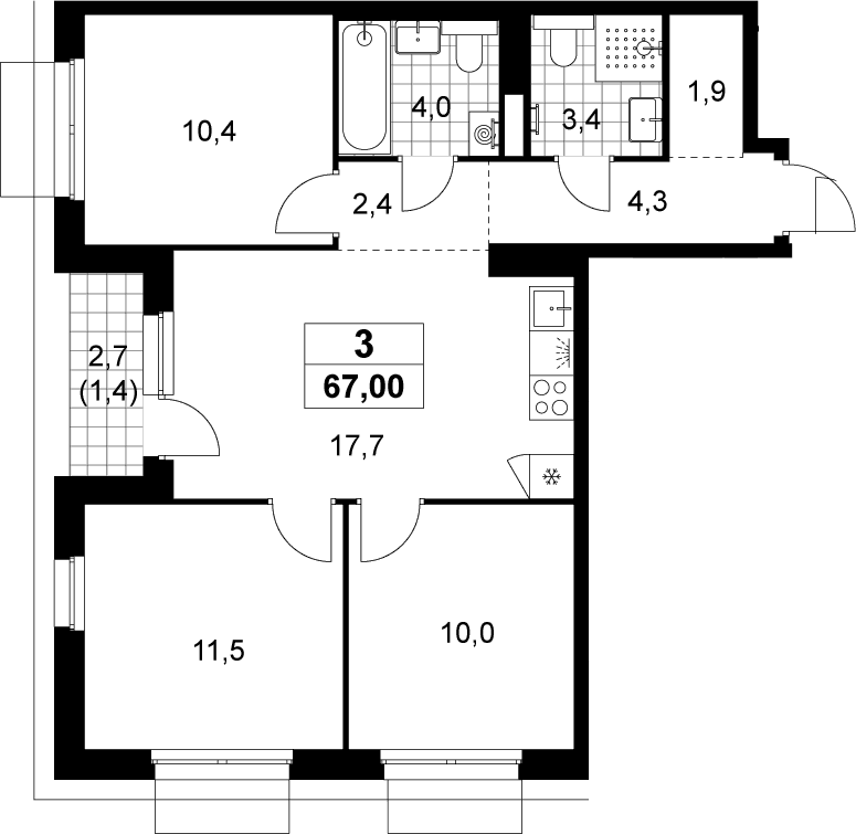 Планировка: Квартира евро-4 65,6 м² в ЖК «Деснаречье»