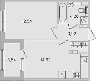 Планировка: 1-комнатная квартира 35,3 м² в ЖК «Дубровский»