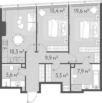 Планировка: Евротрёшка 82,4 м² в ЖК «ОНЕ»