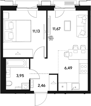 Планировка: Евродвушка 35,7 м² в ЖК «ЭВО»
