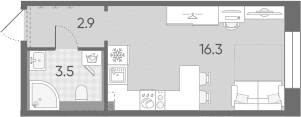 Планировка: Студия 22,7 м² в ЖК «Большая Охта»