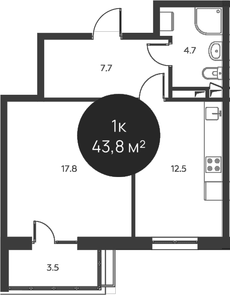 Планировка: 1-комнатная квартира 42,7 м² в ЖК «Павлово 3»