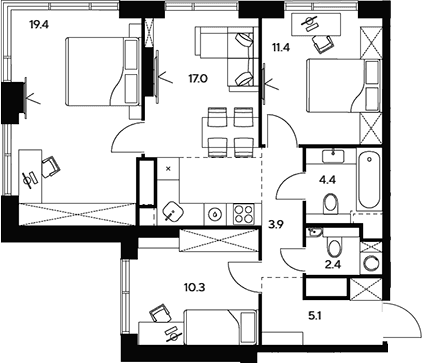 Планировка: Квартира евро-4 73,9 м² в ЖК «НЕКСУС от Аквилон»