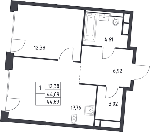 Планировка: Евродвушка 44,7 м² в ЖК «Квартал на воде»