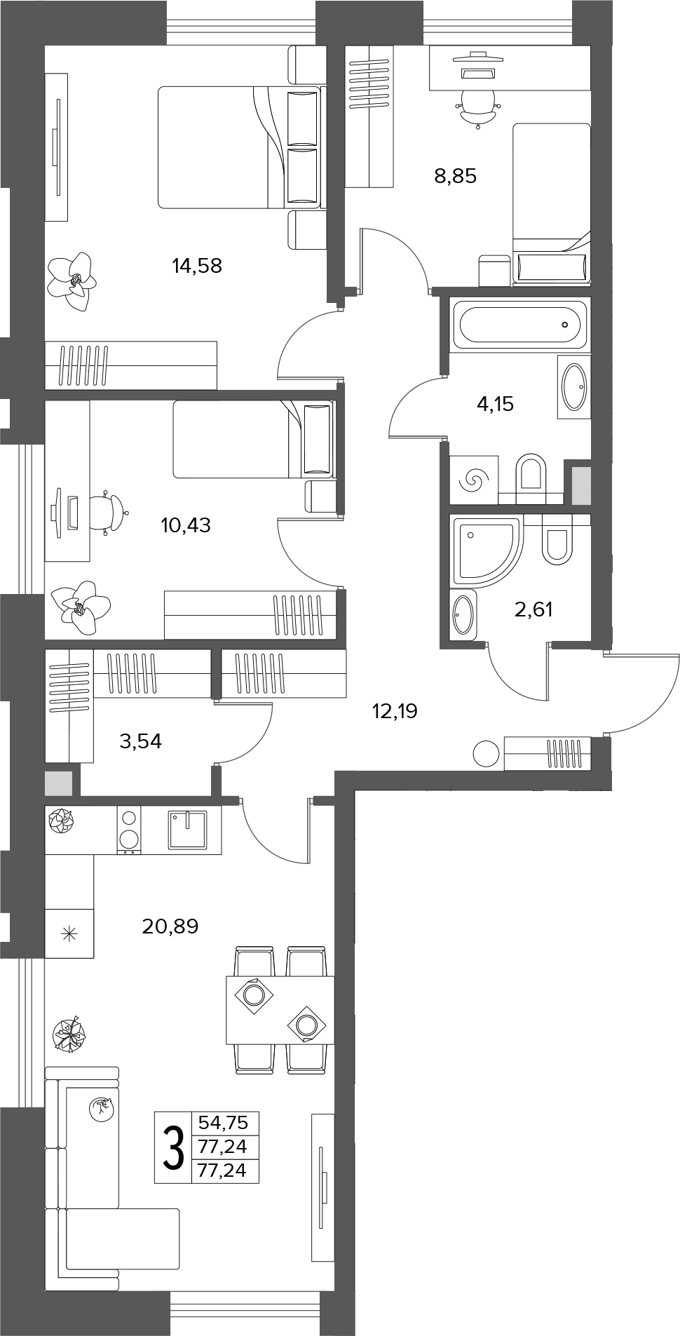 Планировка: Квартира евро-4 77,2 м² в ЖК «Городской бор»