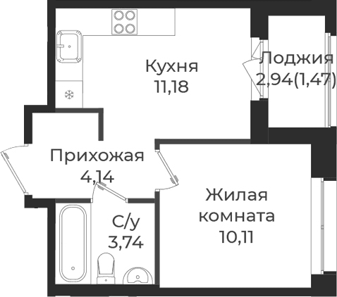 Планировка: 1-комнатная квартира 29,2 м² в ЖК «Новатория»