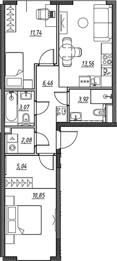 Планировка: Евротрёшка 56,7 м² в ЖК «Веер»