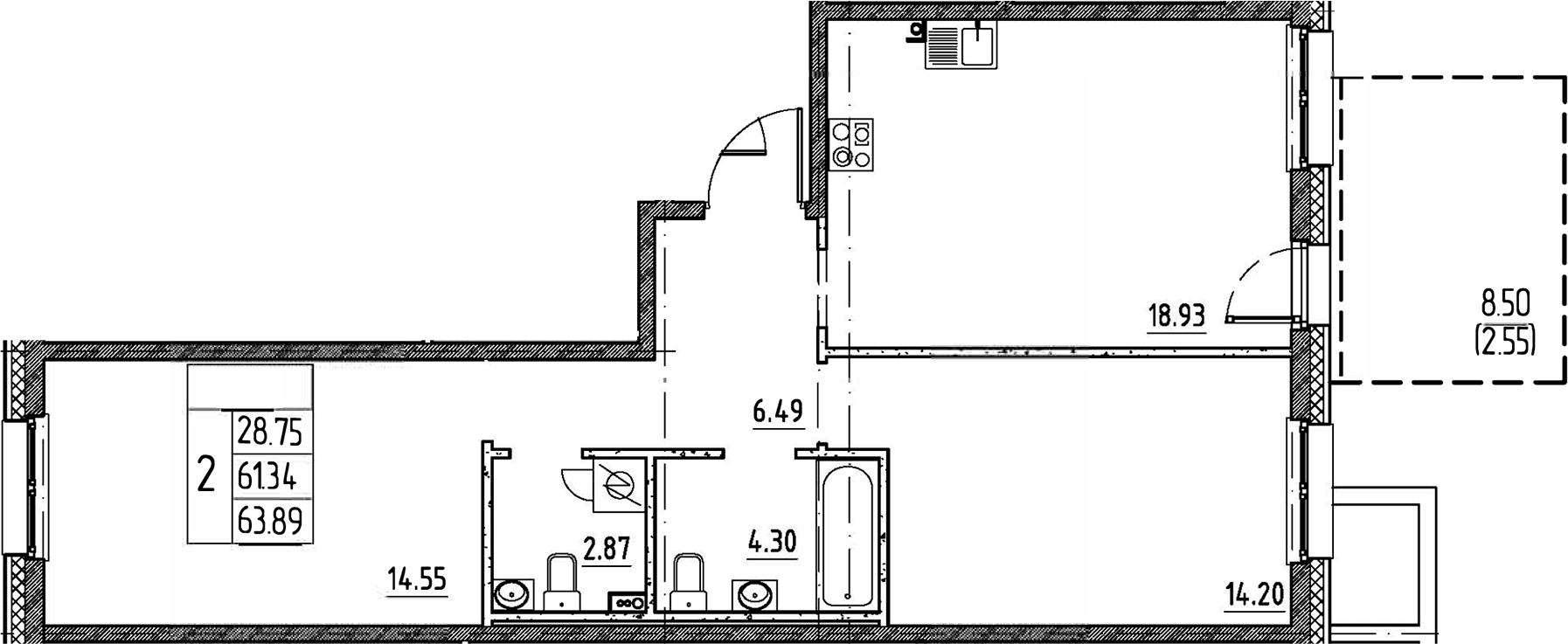 Планировка: Евротрёшка 61,3 м² в ЖК «Сезоны»